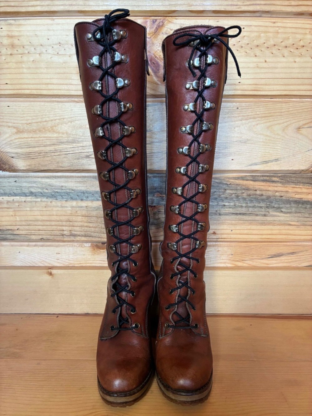 1970's Lace Up Campus Boots tall brown leather - Picture 7 of 13